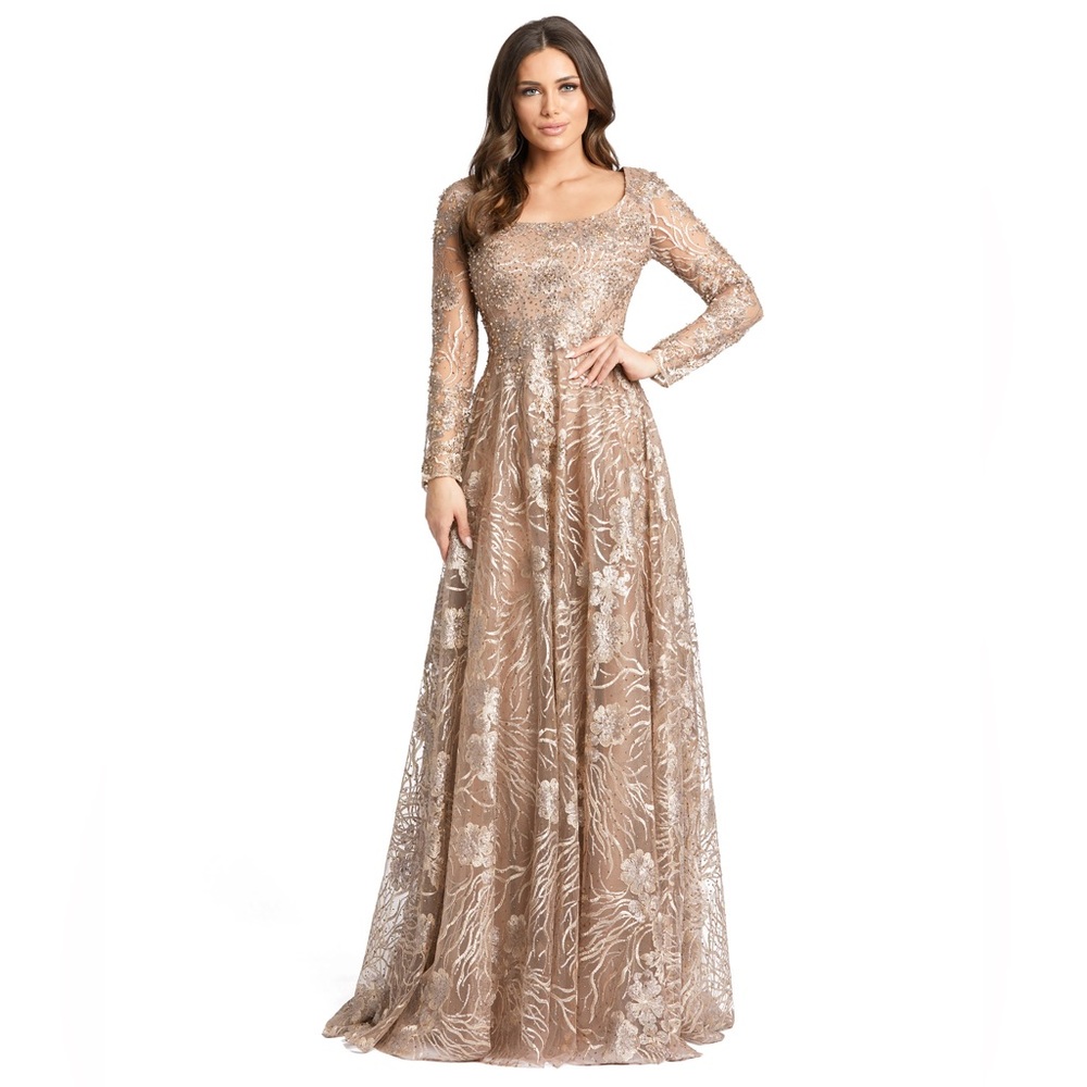Mac Duggal long sleeve embroidered gown